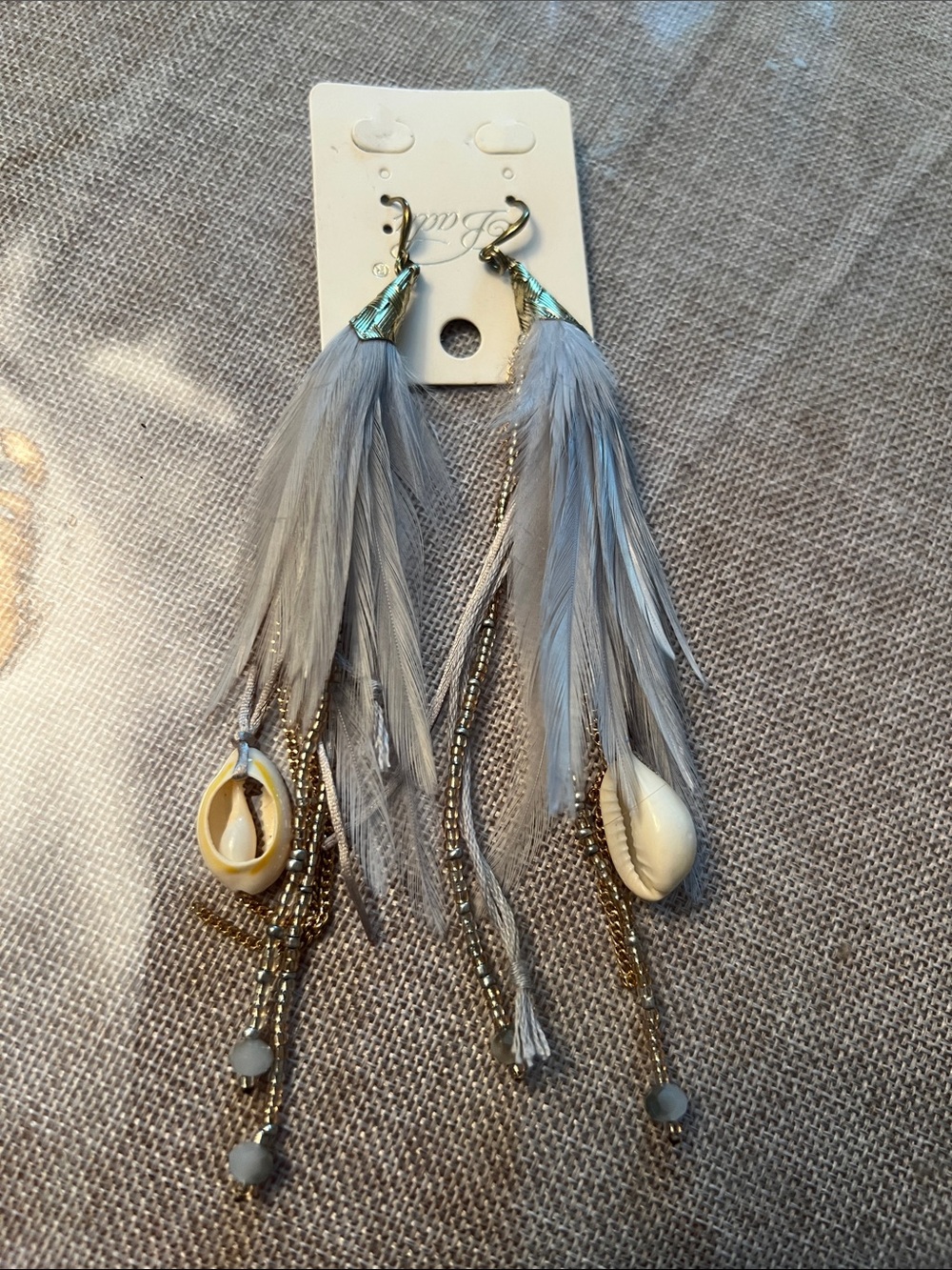 Feather & Shell Dangle Earrings in Light Gray